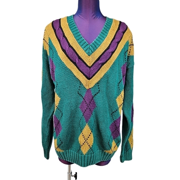 Vintage Body Equip Teal & Purple Argyle V-Neck Cricket Sweater Size XL Men's‎ - Picture 2 of 9